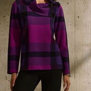 Joseph Ribkoff Vibrant Purple Checkered Cowl Neck Sweater